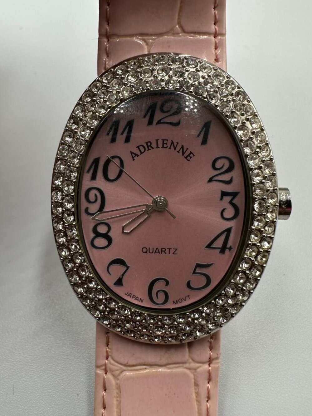Adrienne Watch Women Silver Tone Pink Dial Oval Case Crystal Bling New Battery